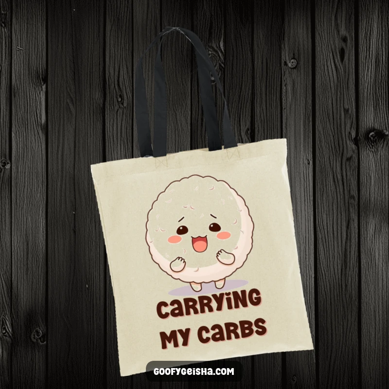 Funny tote bag featuring a character with a wonderfully silly expression holding onto a giant, jiggly bouncy rice ball.
