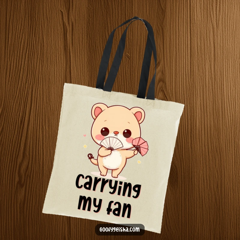 Funny tote bag featuring a cute character with a tiny paper fan, doing a comical hip wiggle, perfect for carrying goods.