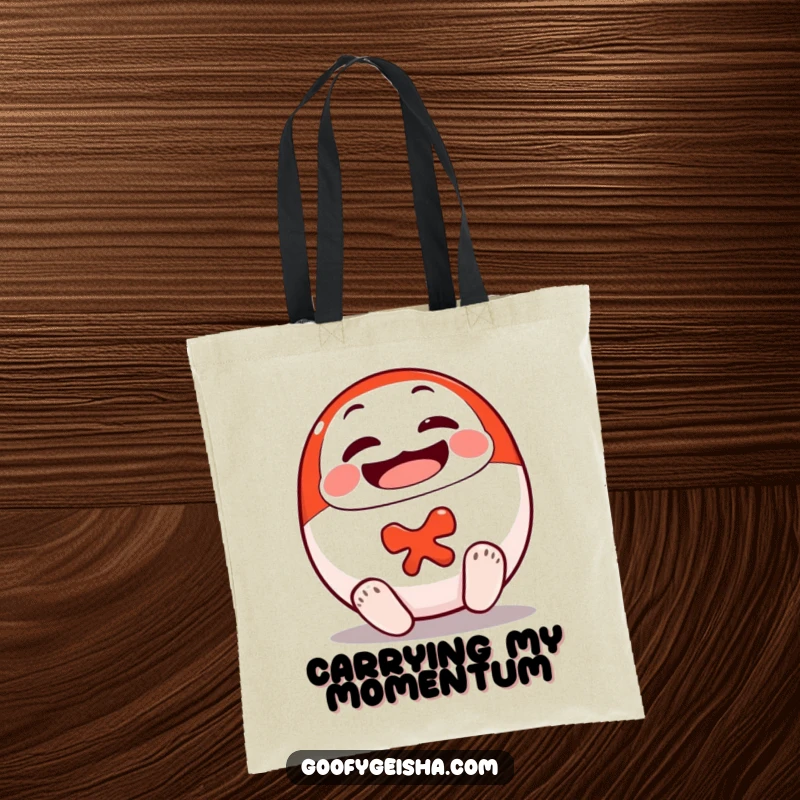 Funny Daruma Doll Tote Bag with a smiling character cheerfully rolling onto its feet, perfect for carrying items and inspiration.