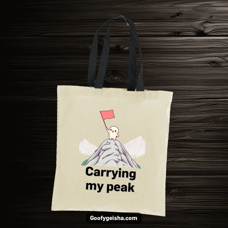 Funny Kawaii Tote Bag: Tiny character waves flag from mountain summit, a symbol of victory and fun. Great funny gift.