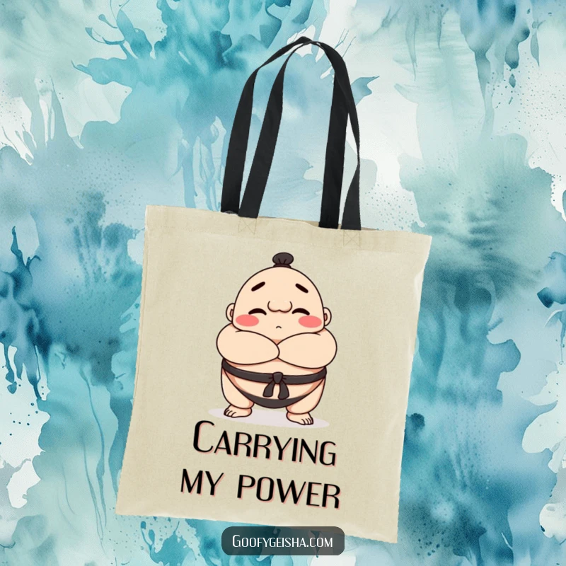 Funny Sumo wrestler tote bag showcasing a happy character bowing with crossed arms, ideal for carrying items with personality and respect.