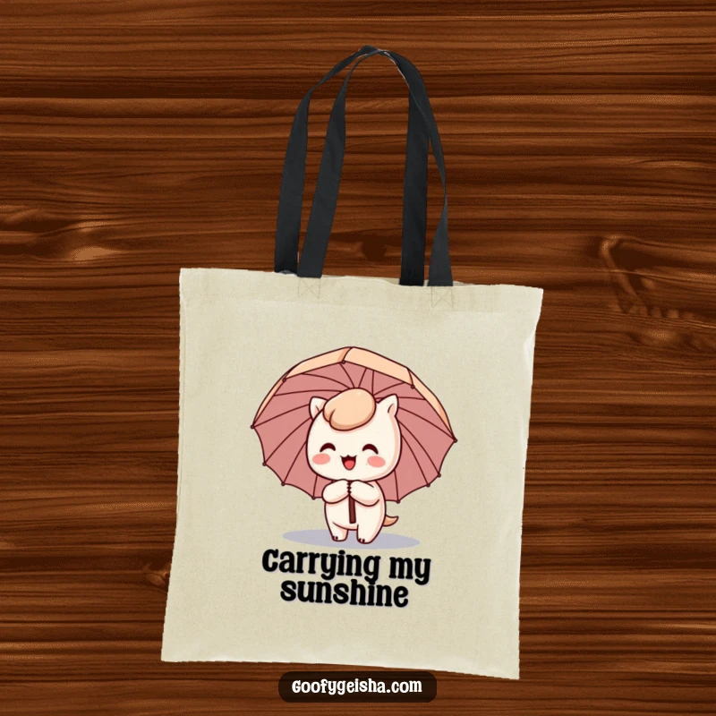 Funny Kawaii tote bag showing a cute character happily spinning with a comical umbrella tilted sideways, ideal for charming errands.