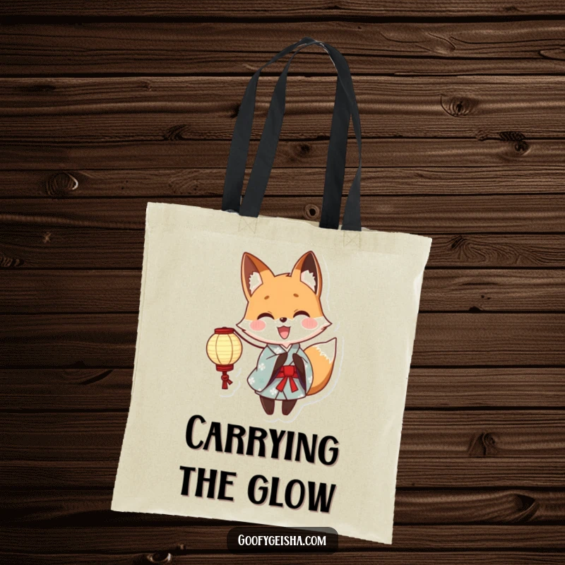 Funny Yukata Fox Tote Bag: Cute anime fox character in a yukata, excitedly holding a glowing paper lantern, ready for festival fun and everyday use.