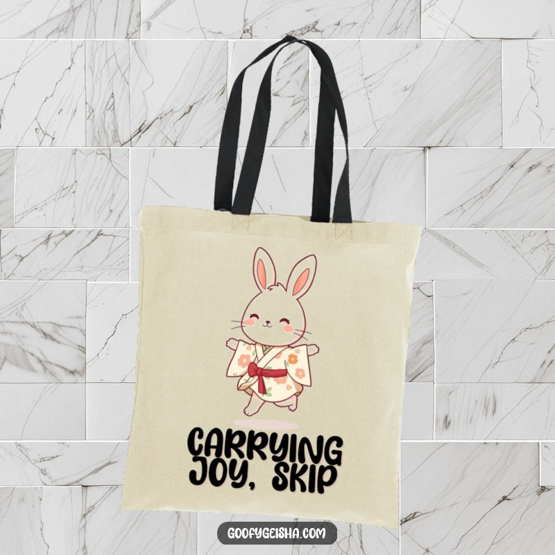 Funny bouncy bunny in a floral kimono, joyfully skipping along, perfect for a durable and cheerful tote bag.