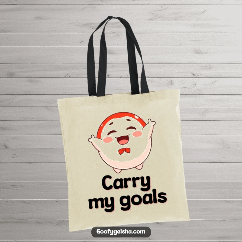 Funny tote bag with a floating Daruma doll character joyfully spinning, perfect for carrying essentials with a touch of luck and humor.