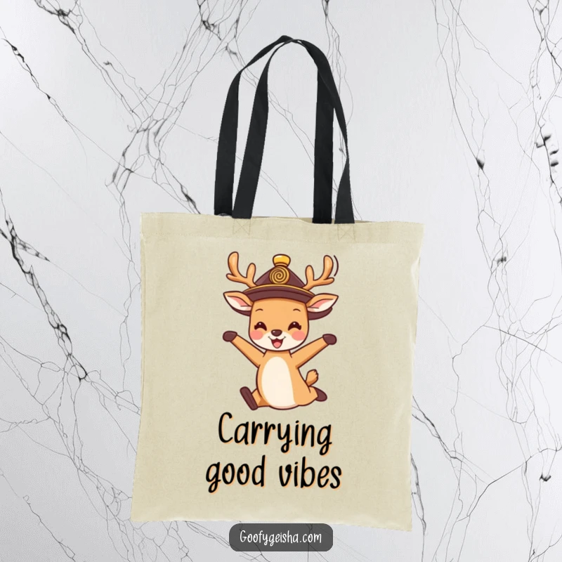 Funny Tote Bag: A cute deer in a traditional hat joyfully jumping, perfect for carrying items with happy and spirited flair.