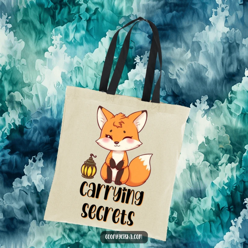Funny fox tote bag showcasing a mischievous fox holding a lantern, perfect for carrying treasures.