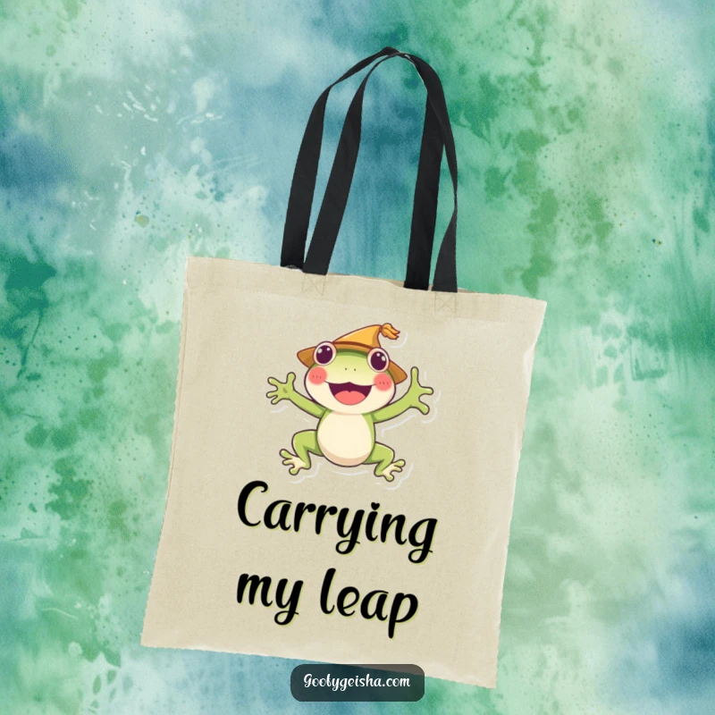 Funny frog tote bag character wearing a straw hat, joyfully jumping, perfect for carrying essentials with a smile. A practical and humorous accessory.