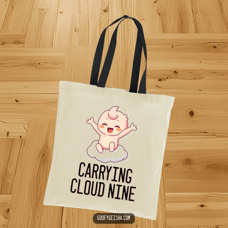 Funny Kawaii Tote Bag: Character leaping with joy towards a cloud, a fun and uplifting accessory. Perfect funny gift.