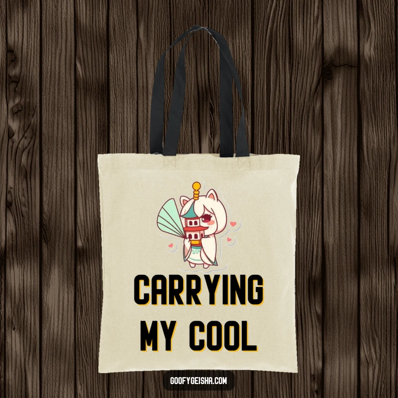 Funny Kawaii tote bag illustrating a cheerful character fanning a small, traditional pagoda with a large fan, embodying playful, gentle humor.