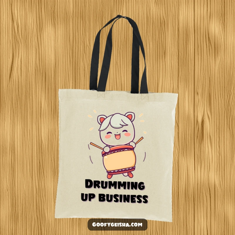 Funny Kawaii character Taiko drum tote bag, showcasing energetic drumming for a fun and musical accessory.