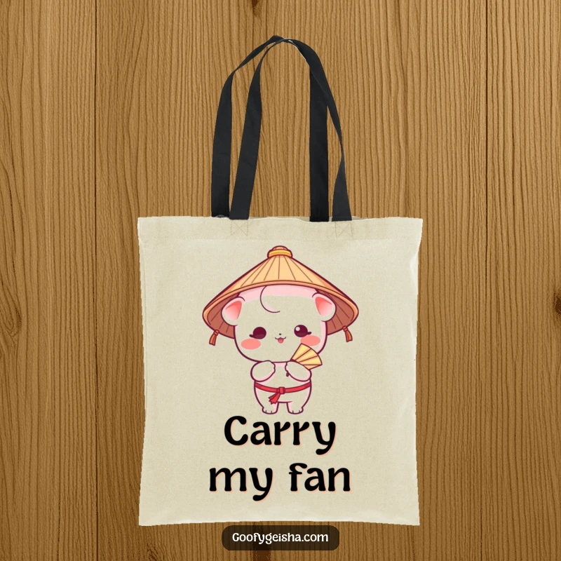 Funny tote bag featuring a Kawaii character in a Japanese hat, humorously fanning itself, ideal for stylish and amusing everyday use.