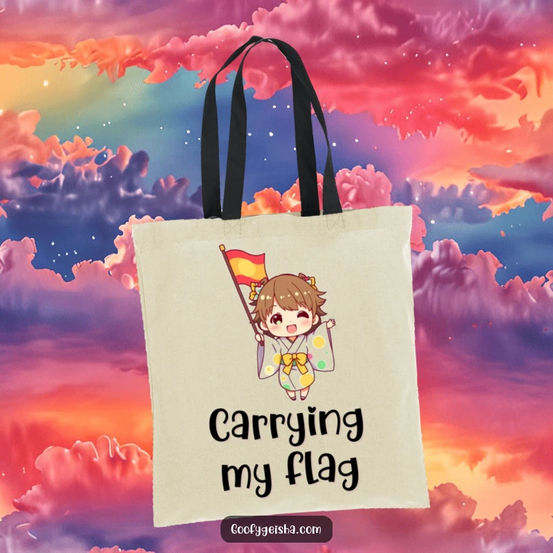 Funny tote bag showing a character in a kimono excitedly waving a colorful flag, a vibrant and funny accessory for carrying essentials.