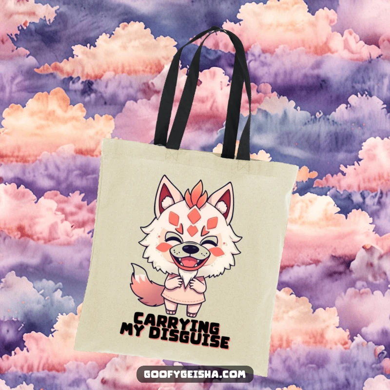 Funny tote bag illustrating a character fearlessly and playfully attempting to wear a Kitsune mask, great for stylish humor.