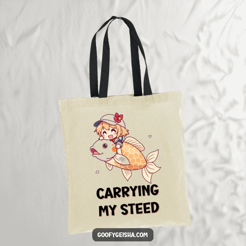 Funny tote bag depicting a character joyfully riding a huge koi fish. Great for carrying necessities with a whimsical, adventurous flair.