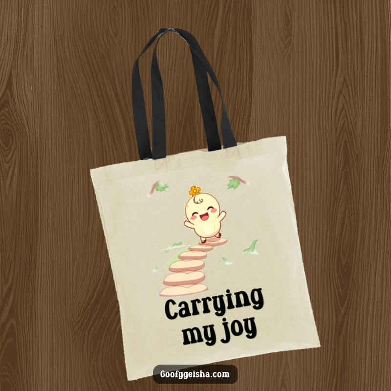 Funny tote bag featuring a giggling lucky charm character bouncing along a path, ideal for shopping and carrying items with a cheerful, lucky vibe.