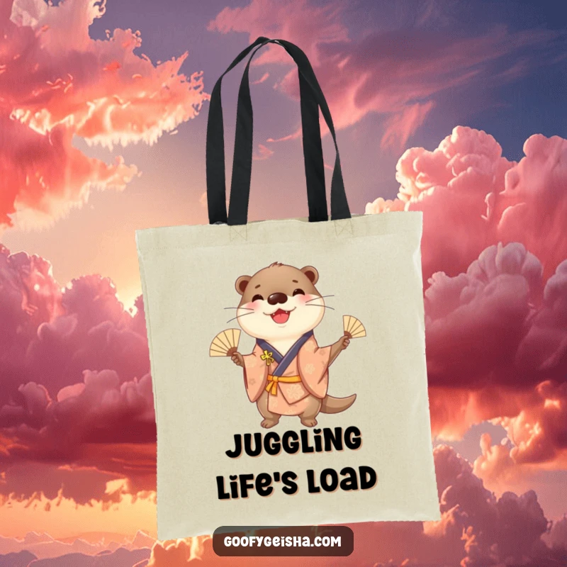 Funny cheerful otter in a kimono, juggling fans with dexterity, perfect for a durable and fun tote bag.