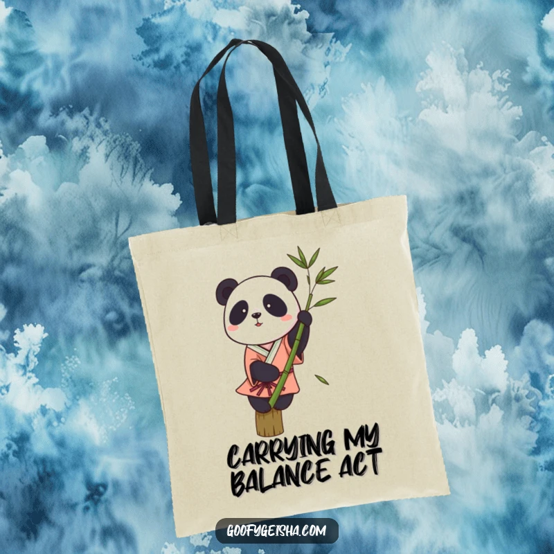 Funny tote bag showcasing a small panda in a kimono attempting to balance on a single bamboo stalk, looking quite precarious.