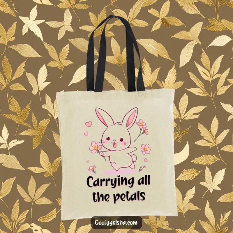 Funny tote bag showing a cute rabbit playfully chasing a blossom, ideal for groceries and everyday fun.