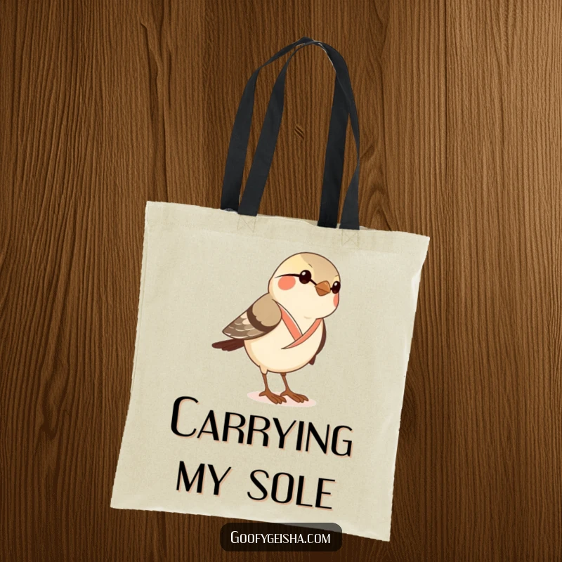 Funny tote bag featuring a curious sparrow in a dainty kimono attempting to wear geta sandals, practical and amusing.