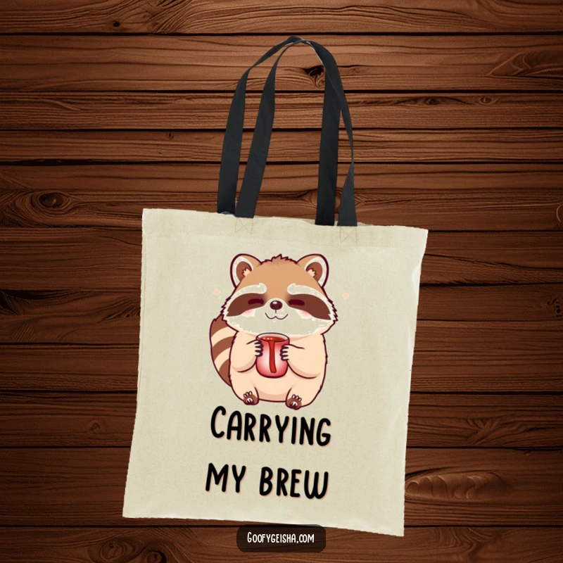 Funny Tanuki tote bag showcasing a cute winking character holding a sake cup, perfect for carrying items with personality.