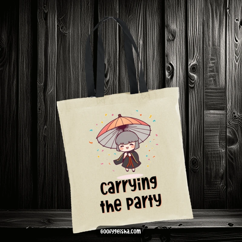 Funny tote bag featuring a Japanese umbrella character spinning and scattering colorful confetti, perfect for party supplies.