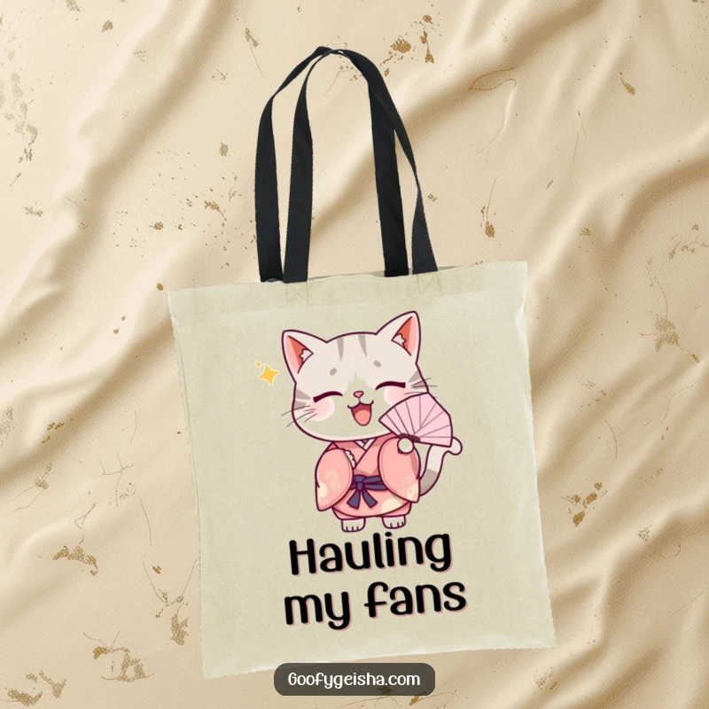 Funny Tote Bag: A cute Kawaii cat in a kimono, fanning itself energetically, perfect for carrying items with adorable flair.