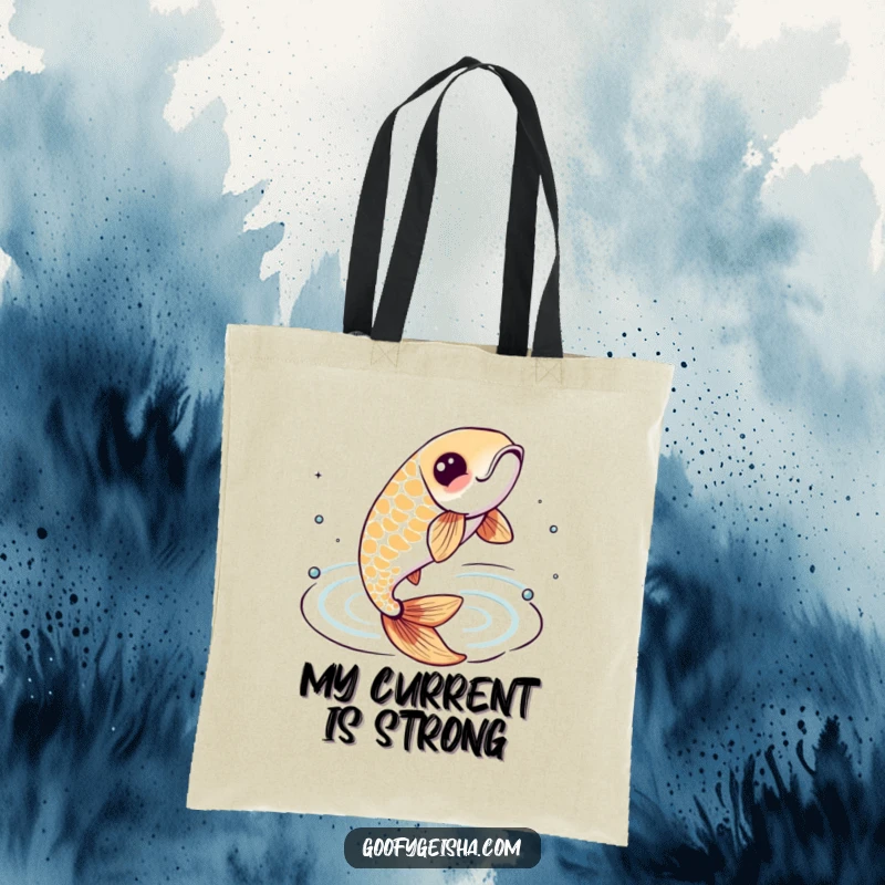 Funny tote bag depicting a lively koi fish character leaping from stylized water ripples, ideal for carrying daily essentials.
