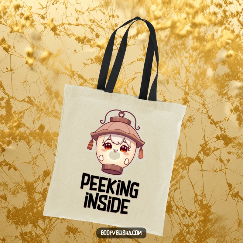 Funny tote bag with a character with wide, curious eyes peeking around a large lantern, a humorous and mysterious carryall.